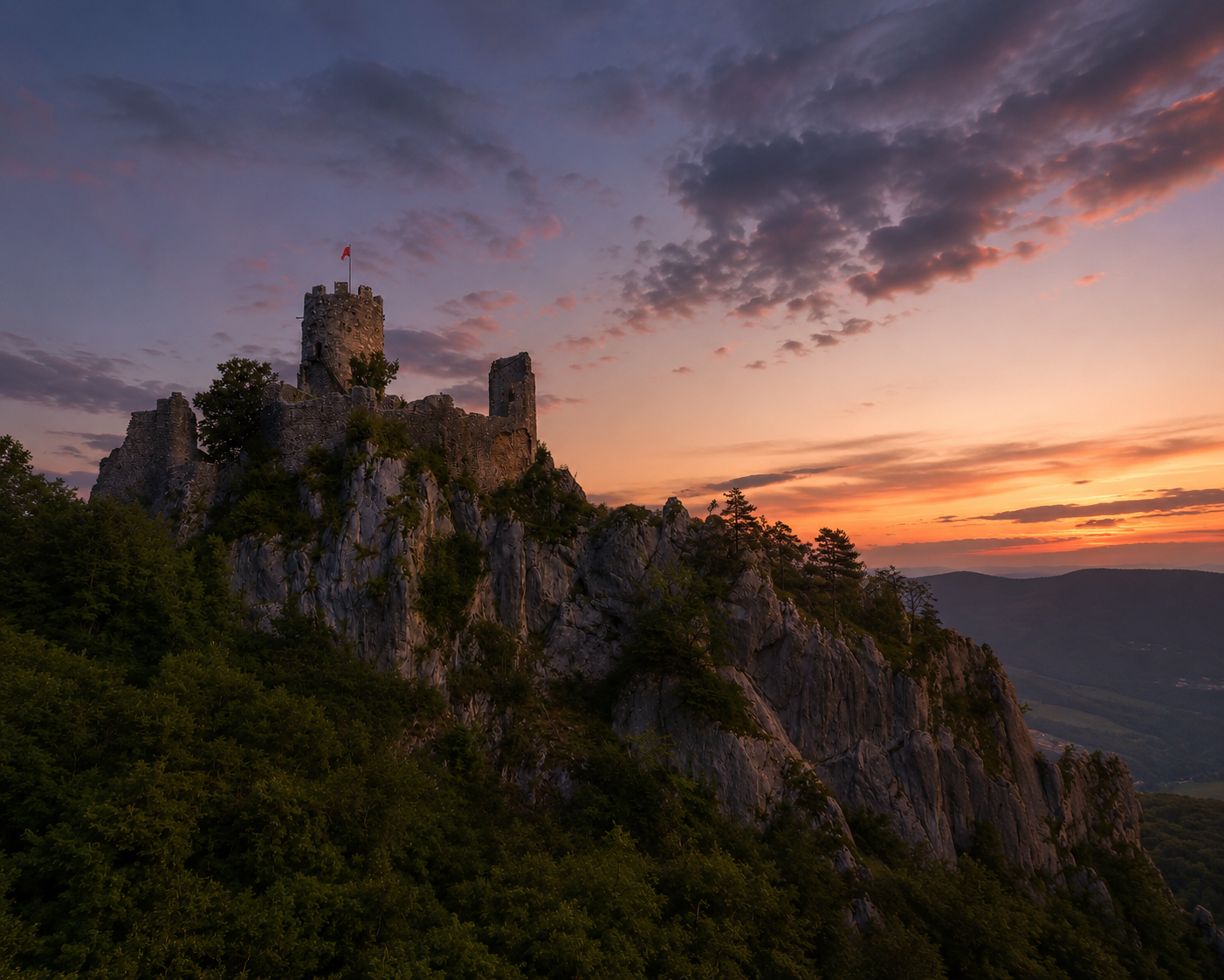Burgruine auf Felsen bei Abendrot im Naturpark Thal